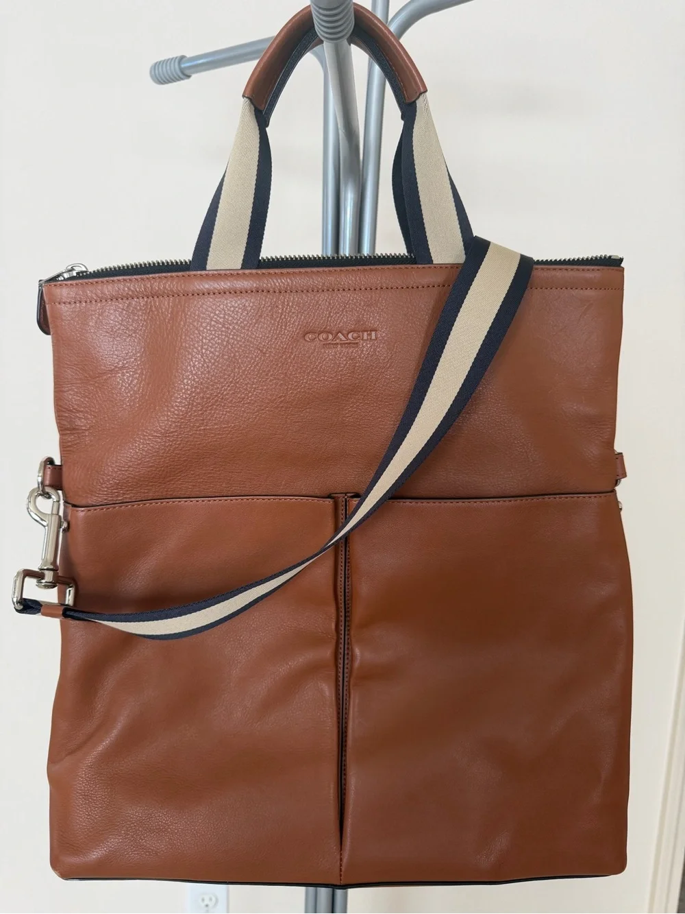Coach Brown Leather Laptop Tote with Cream-and-Navy Strap